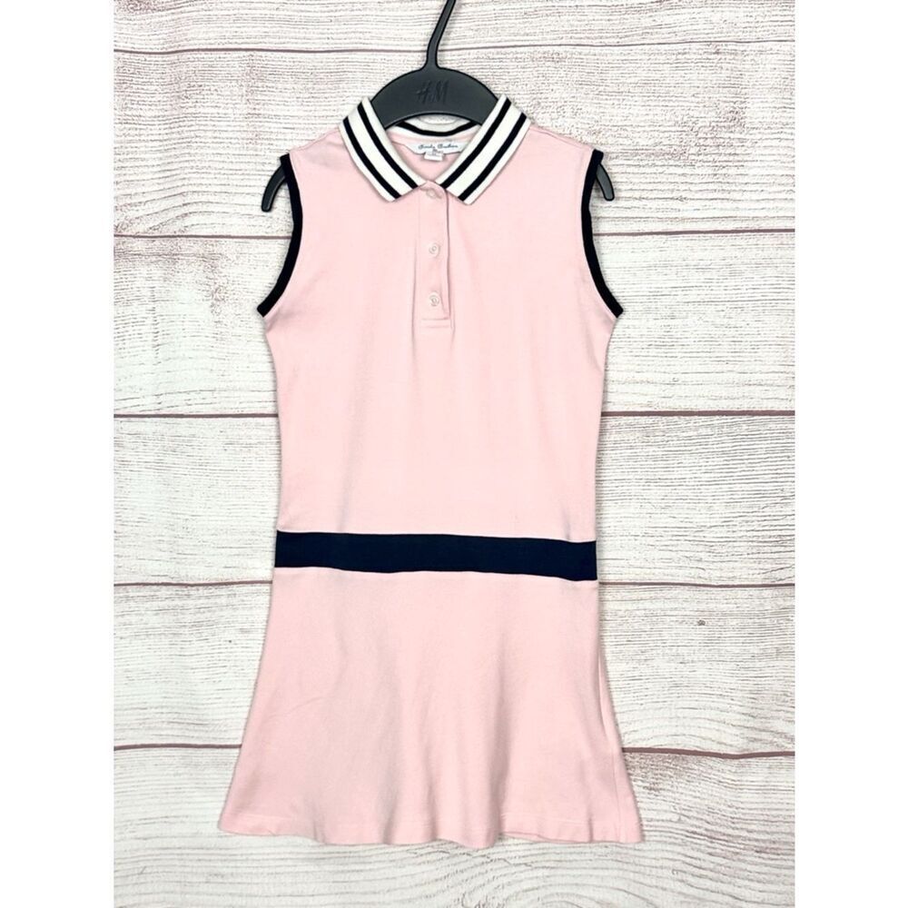 Brooks Brothers Fleece Girls Polo Dress Pink Cotton Sleeveless Stripe Trim M (8)